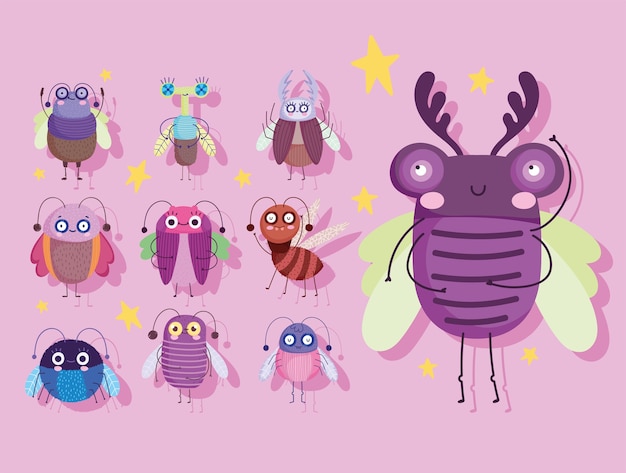 Cute bugs insects animal nature in cartoon style icons\
illustration