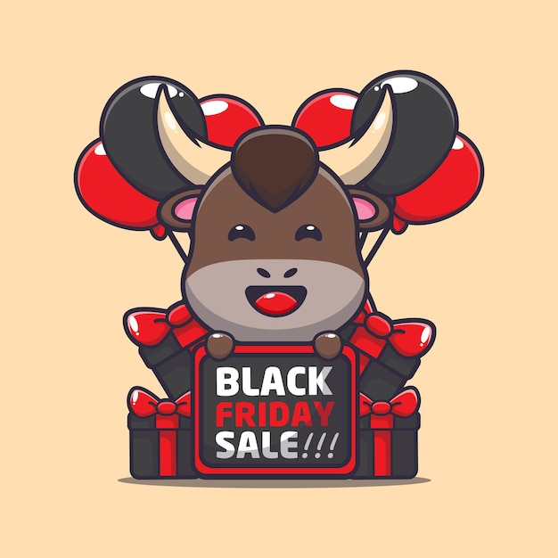 Cute bull in black friday cartoon mascot illustration