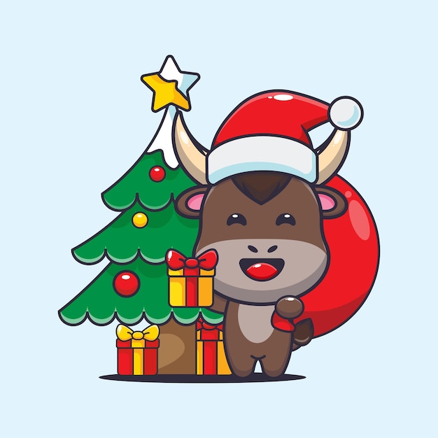 クリスマス プレゼントを運ぶかわいい雄牛。かわいいクリスマス漫画イラスト。