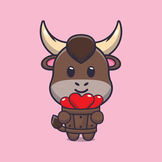 Cute bull cartoon character holding love in wood bucket