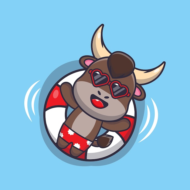 Симпатичный талисман быка, плавающий в бассейне