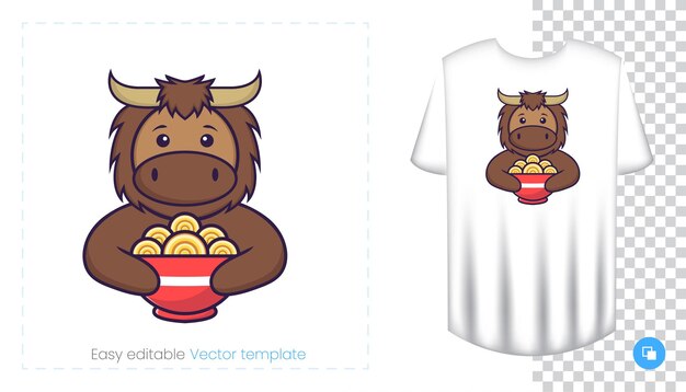 Cute bull character. Prints on T-shirts, sweatshirts, cases for mobile phones, souvenirs. Isolated vector illustration on white background.