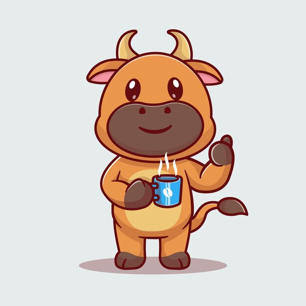 Vector cute bull drinking coffee cartoon vector icon illustration animal drink icon concept isolated