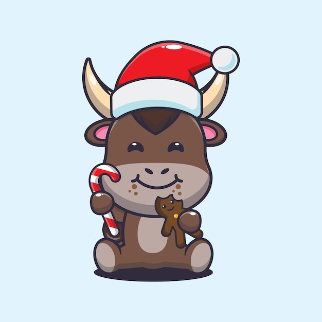 Cute bull eating christmas cookies and candy. Cute christmas cartoon illustration.