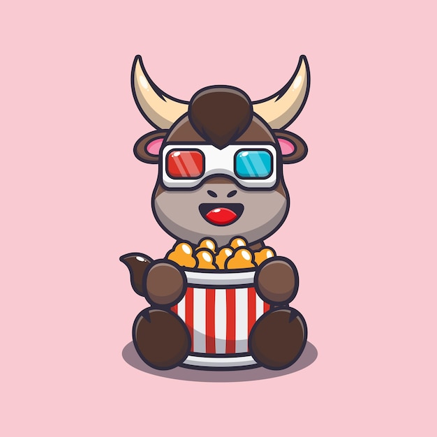 Simpatico toro che mangia popcorn e guarda film in 3d