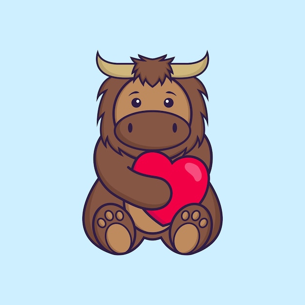 Милый бык держит большое красное сердце. Концепция животных мультфильм изолированы. Плоский мультяшном стиле