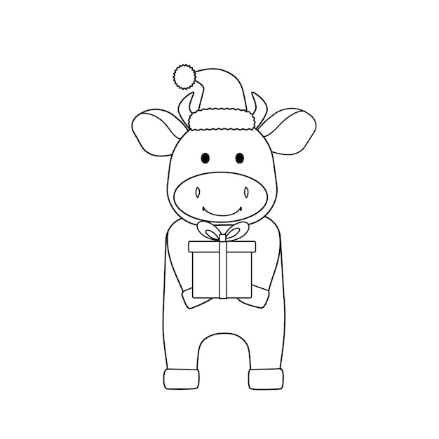 새해 모자를 쓴 귀여운 황소와 선물 검은색 윤곽선은 휴일 동물의 간단한 실루엣을 스케치합니다. 올해의 상징