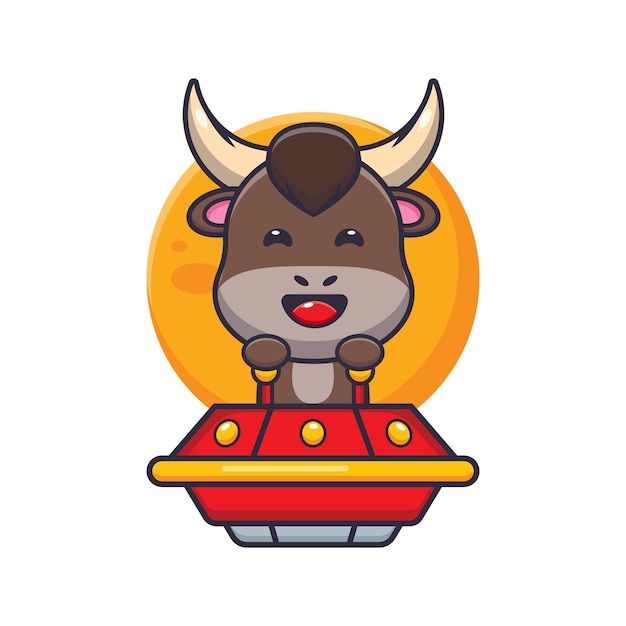 cute bull mascot cartoon character fly with ufo