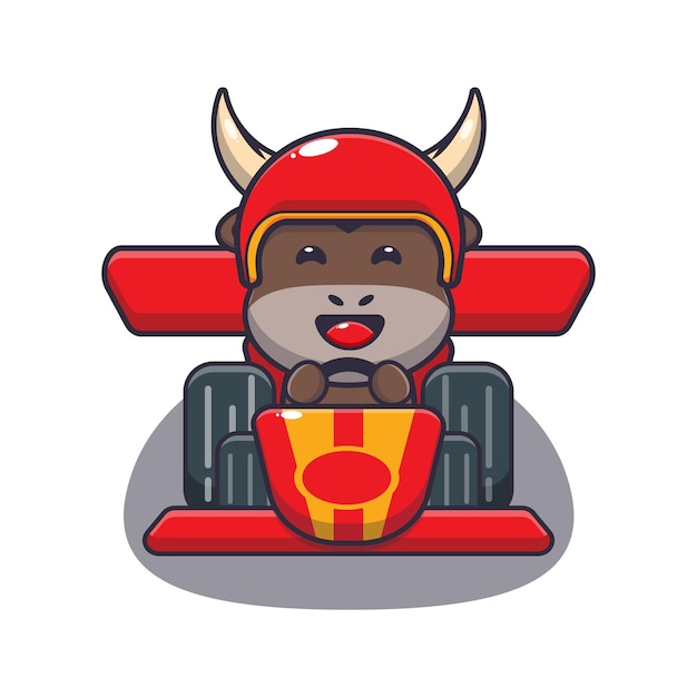 cute bull mascot cartoon character riding race car