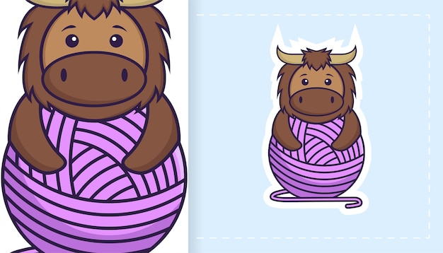 Вектор Симпатичный персонаж-талисман быка. может использоваться для наклеек, патчей, текстиля, бумаги.