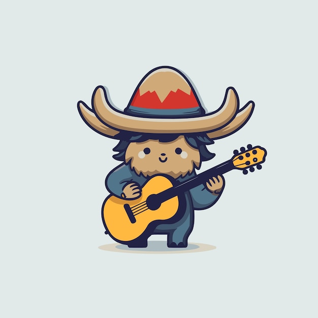 Cute Bull Mascot Character Playing Guitar Cartoon Vector Illustration