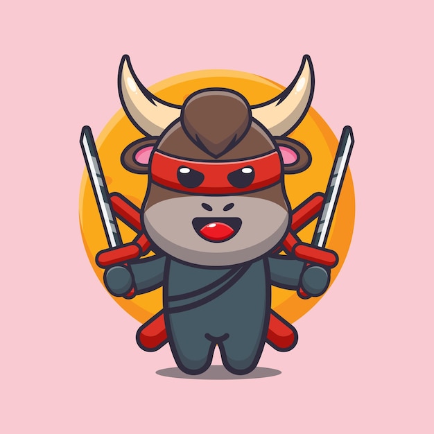 Cute bull ninja cute cartoon animal illustration