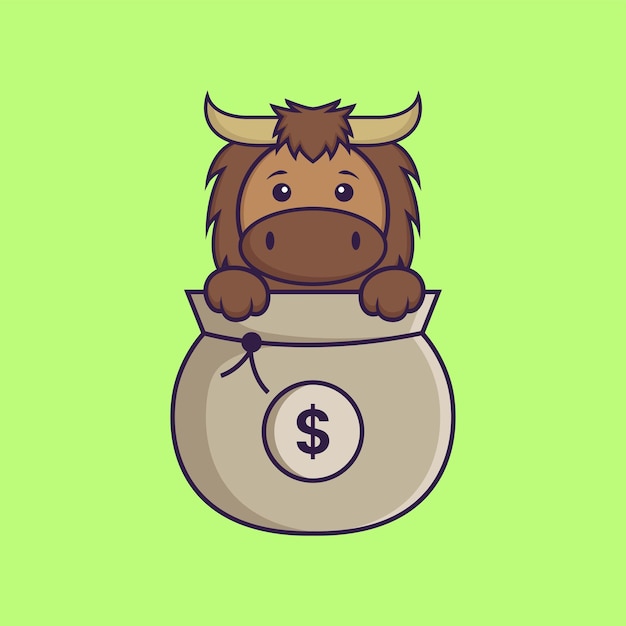 お金の袋で遊ぶかわいい雄牛。分離された動物漫画の概念。フラット漫画スタイル