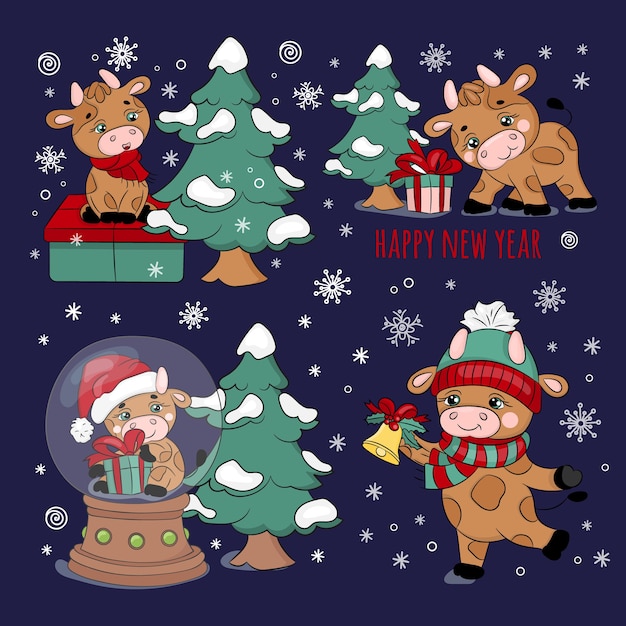 Cute bull poses, christmas set