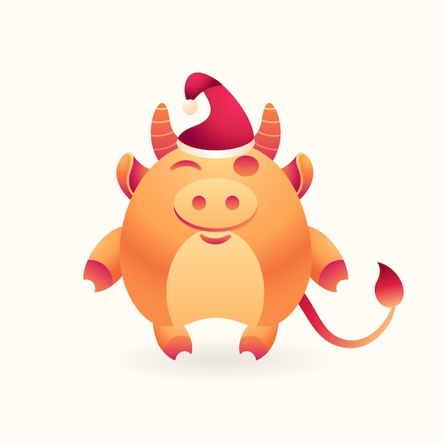 Cute bull winks cheerful ox character with Christmas hat Mascot for Merry Christmas Chinese new year