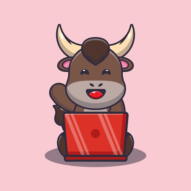 Cute bull with laptop Cute cartoon animal illustration