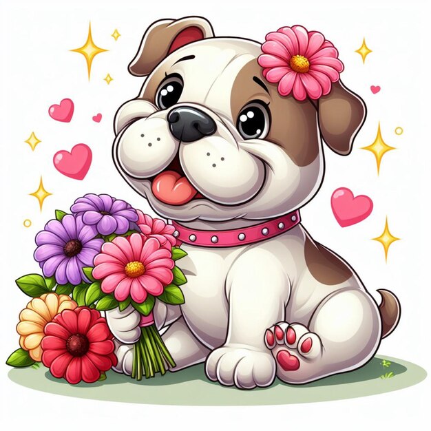 Vector cute bulldog dogs amp flower vector cartoon illustration