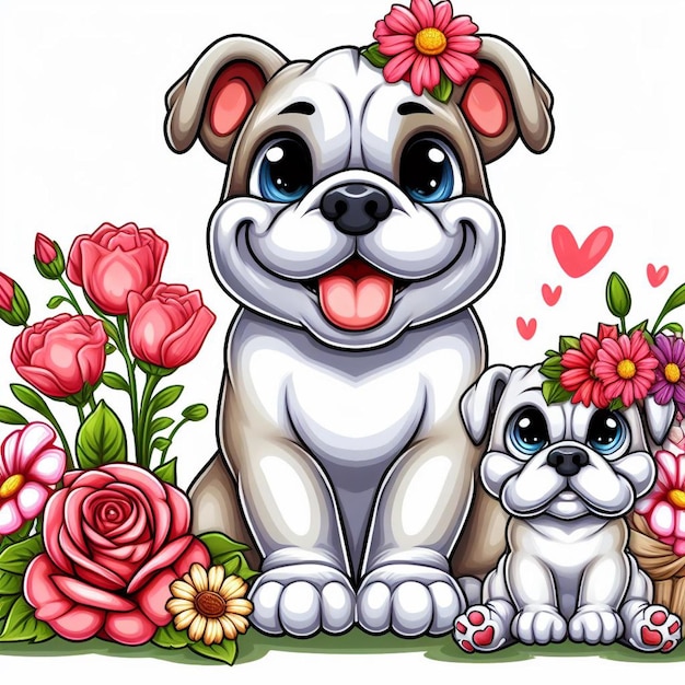 Cute Bulldog Dogs amp Flower Vector Cartoon illustration