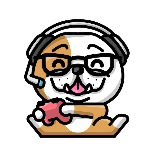 Vector cute bulldog is playing video game cartoon illustration