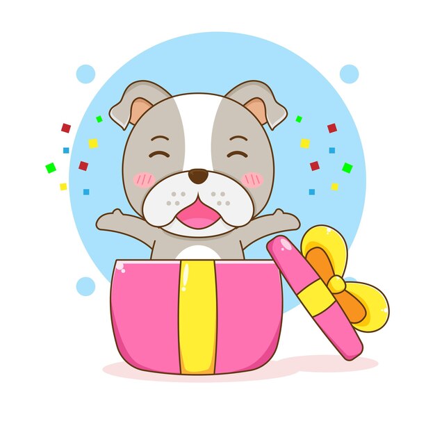 Cute bulldog popped out from gift box cartoon character