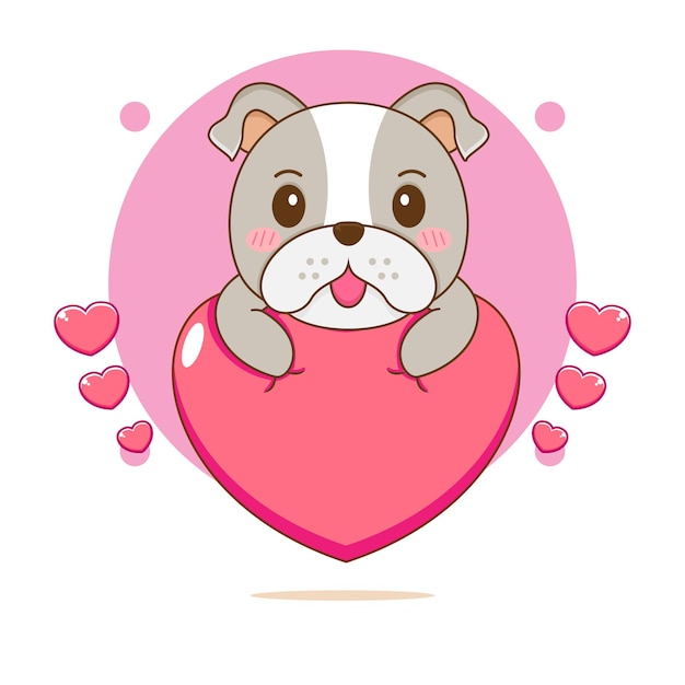 Cute bulldog with big love heart cartoon character