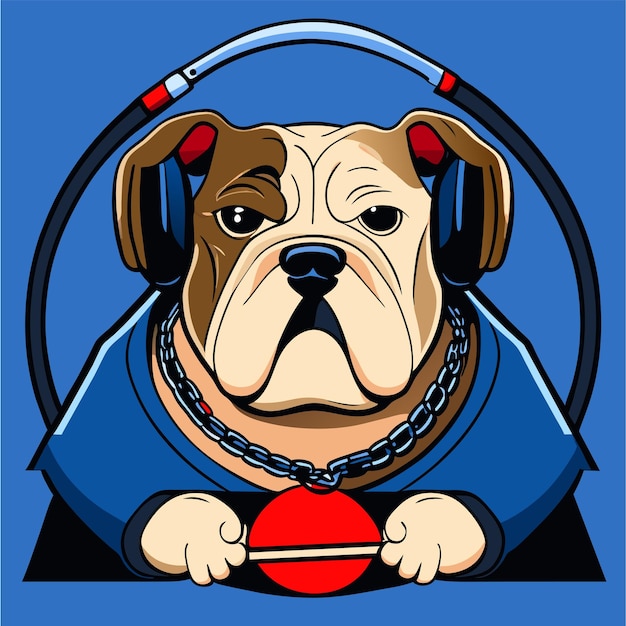 Vector cute bulldog with headphones hand drawn flat stylish cartoon sticker icon concept