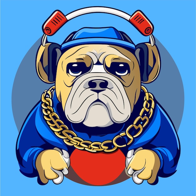 Cute bulldog with headphones hand drawn flat stylish cartoon sticker icon concept