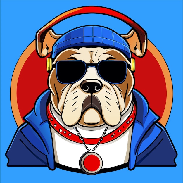 Vector cute bulldog with headphones hand drawn flat stylish cartoon sticker icon concept