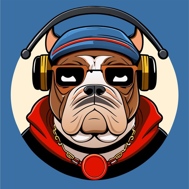 Cute bulldog with headphones hand drawn flat stylish cartoon sticker icon concept