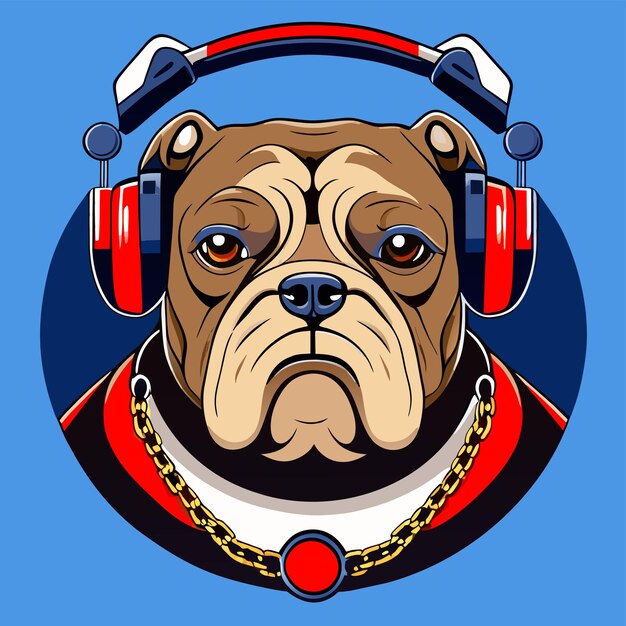 Cute bulldog with headphones hand drawn flat stylish cartoon sticker icon concept