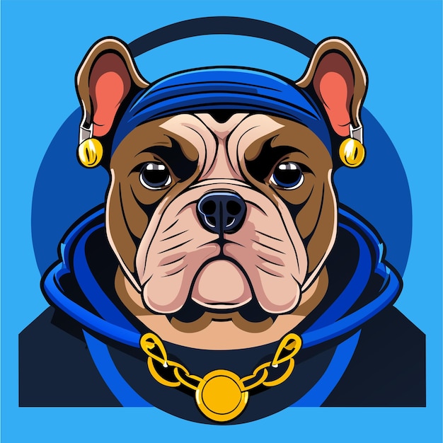 Cute bulldog with headphones hand drawn flat stylish cartoon sticker icon concept