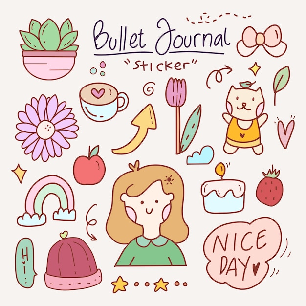 Cute bullet journal doodle drawing sticker set abstract