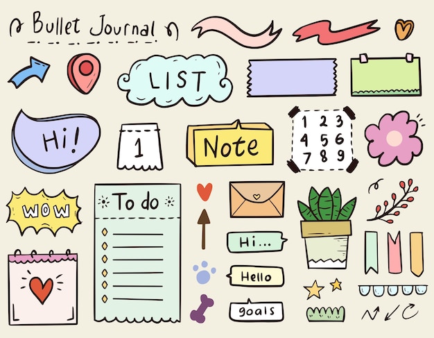 Cute bullet journal notes paper and ornament collection set in colorful style