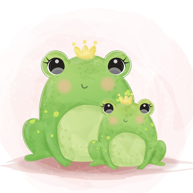 Cute bullfrog motherhood illustration in watercolor