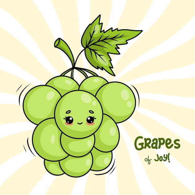 cute bunch of green grapes cartoon funny kawaii character fruit vector illustration card with slogan