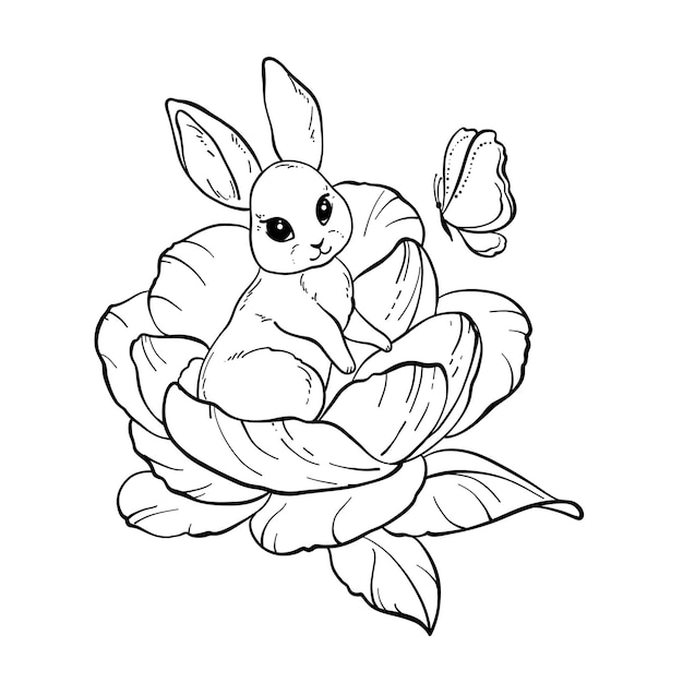 Cute bunnie sitting in a flower, hand-drawn, doodle style. A butterfly is flying around.