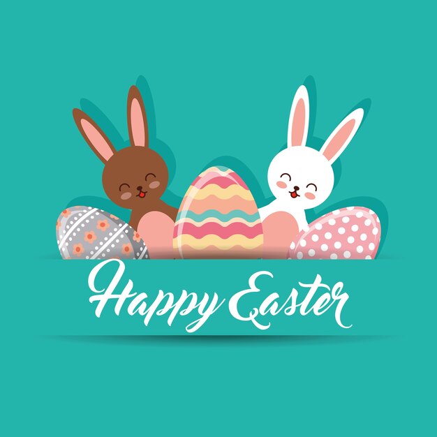 Симпатичные кролики и декоративные яйца счастливый пасхальный зеленый фон