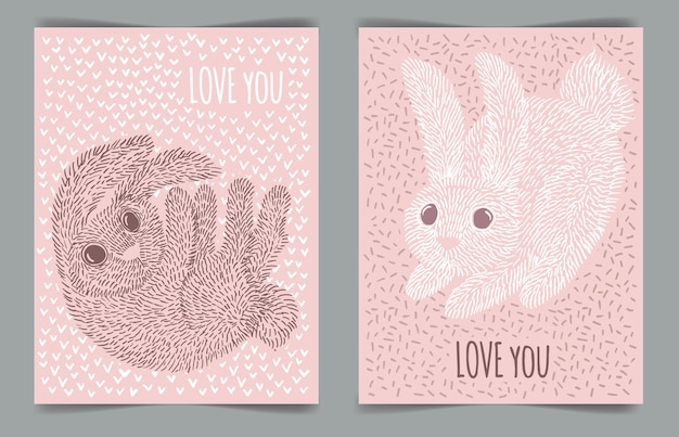 Cute bunnies freehand drawing Lettering love you Poster for the children's room