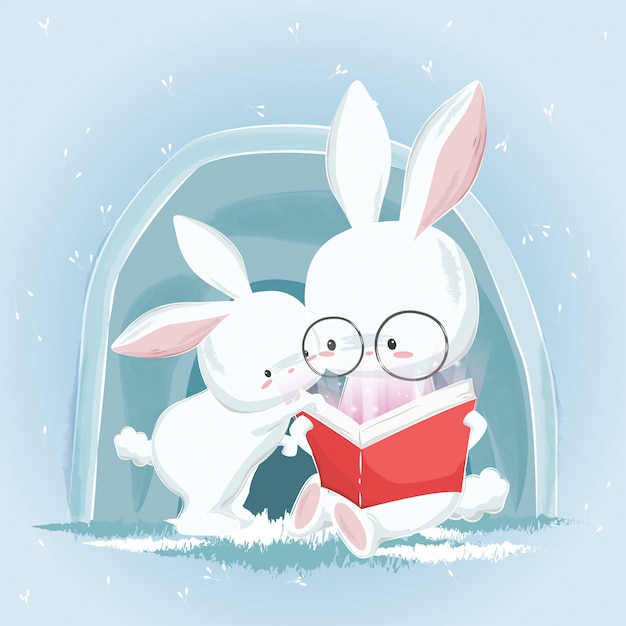 Cute bunnies reading a book