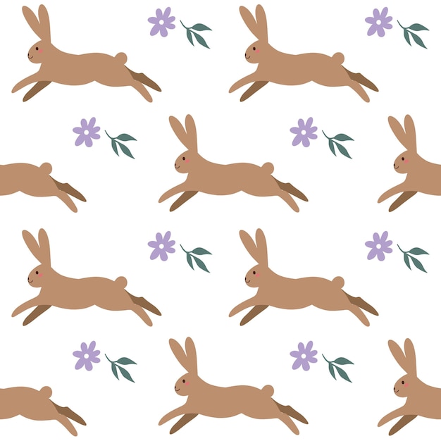 Vector cute bunnies seamless pattern easter bunnies with flowers