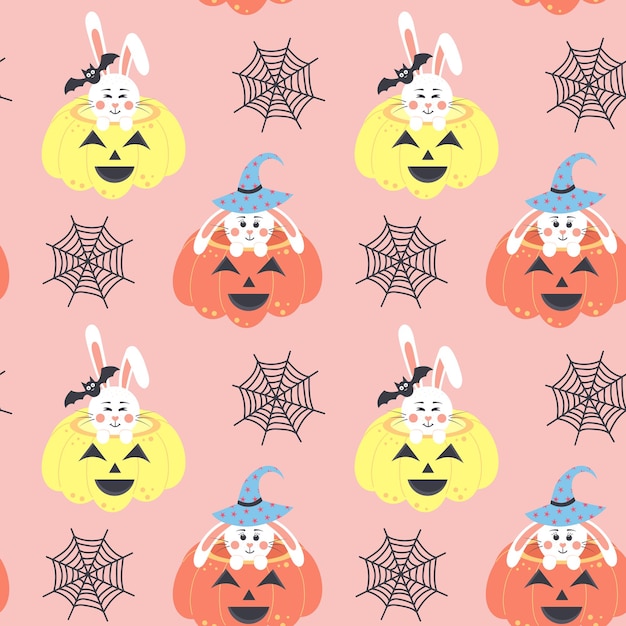 Vector cute bunnies sitting in pumpkins and web seamless pattern pink pastel halloween print for wrapping