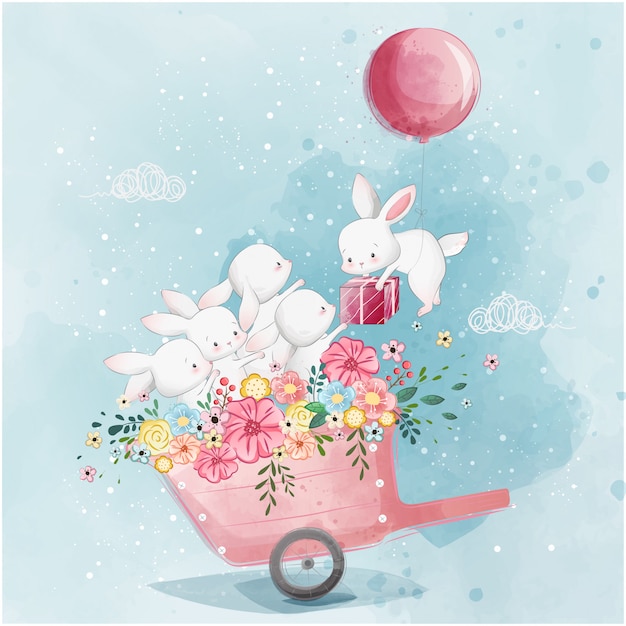 Cute Bunnies in the Spring Cart