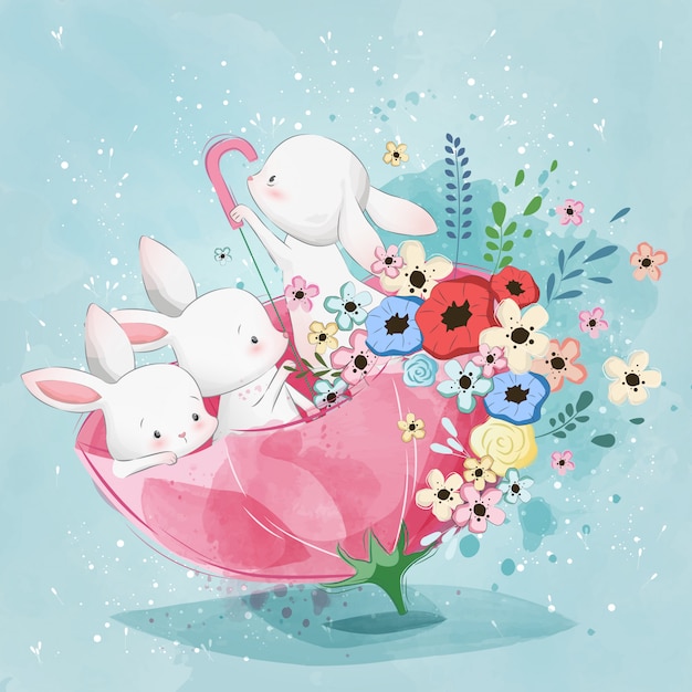 Vettore simpatici coniglietti in primavera ombrello