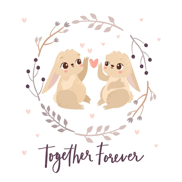 Vector cute bunnies together forever valentine