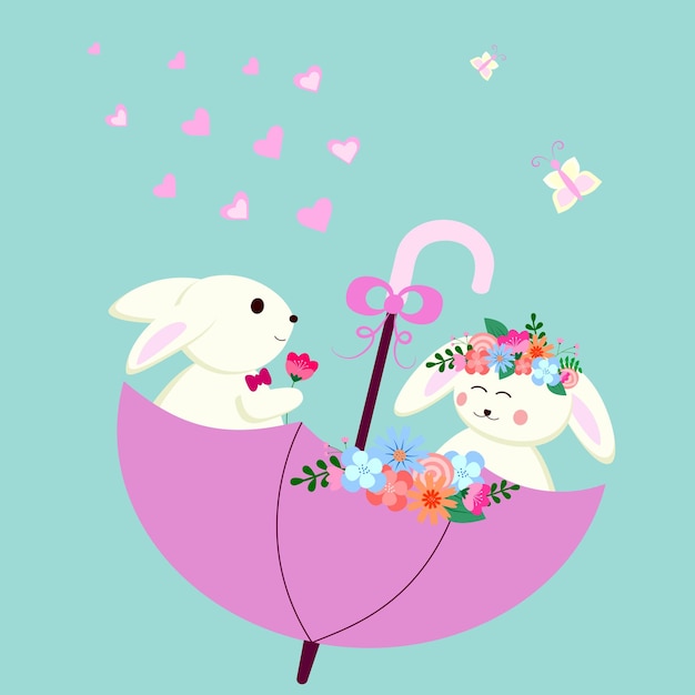 Cute bunnies with flowers sit in an umbrella