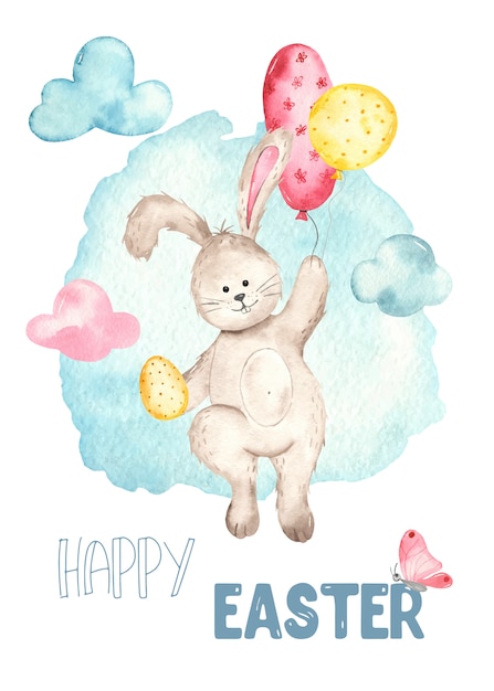 Cute Bunny and air balloons. Watercolor Easter card