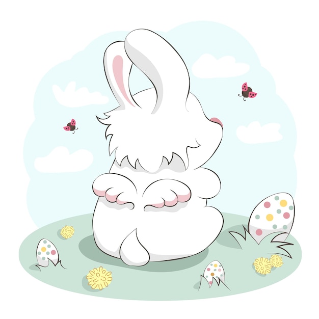 Simpatico angelo coniglietto con ali e uova di pasqua. illustrazione disegnata a mano del fumetto