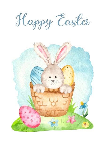 Cute bunny in a basket and eggs. watercolor easter card