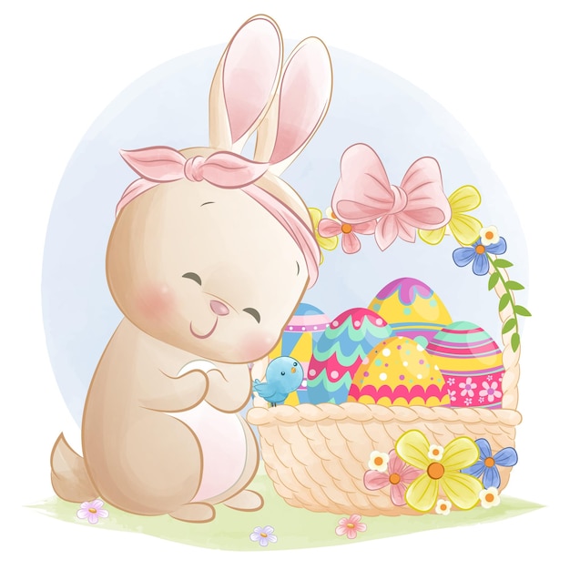 Cute bunny and basket with easter eggs