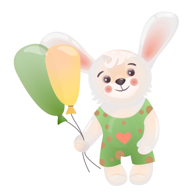 Cute bunny boy with balloons Design for cards prints birthday or holiday